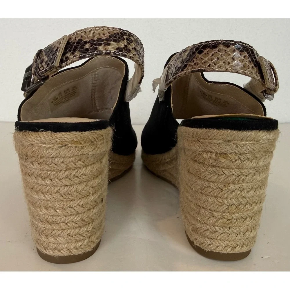 LifeStride Trina Wedge Sandal Black Suede Upper Snakeskin-Print Slingback Sz 9.5